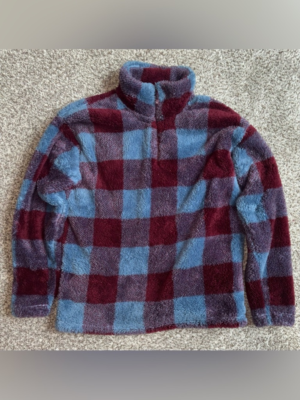 Eddie Bauer Plush Fleece Quarter Zip Pullover Buffalo Plaid Cozy Soft Size M